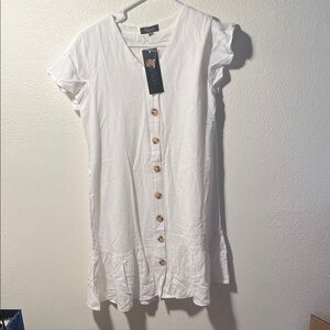 Papillon Blanc Cream Button-Front Ruffle-Hem Midi Dress